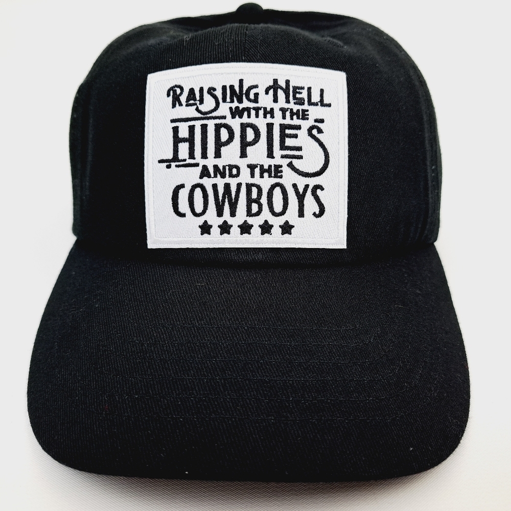 Raising Hell Hippies Cowboys Embroidered Dad Hat Cap Black Cotton Relaxed Strap